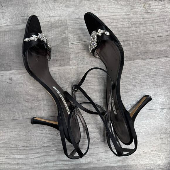 MANOLO BLAHNIK Black Satin Slingback Crystal Sandals Heels Size 38 1/2 - Picture 4 of 13